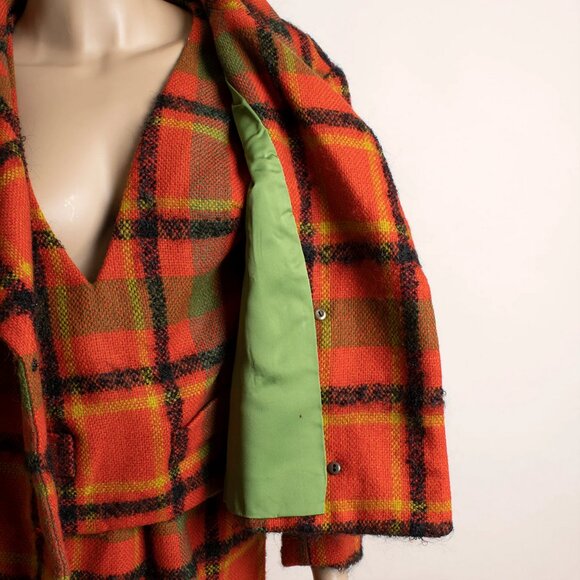 Vintage 1960s Plaid Skirt & Jacket Coat Set Vest Orange Green Vogue Paris 60s - Picture 2 of 11